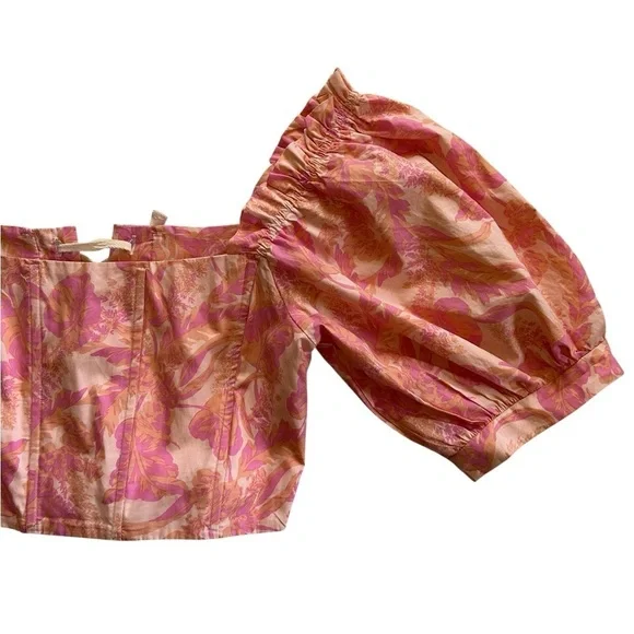 Karlie Floral Poplin Puff Sleeve Tie Back Corset Off Shoulder Crop Top Size L - Picture 4 of 11